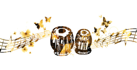 Indian Tabla with Music Notes and Butterflies Vector Illustration for Music Festival or Concert Poster