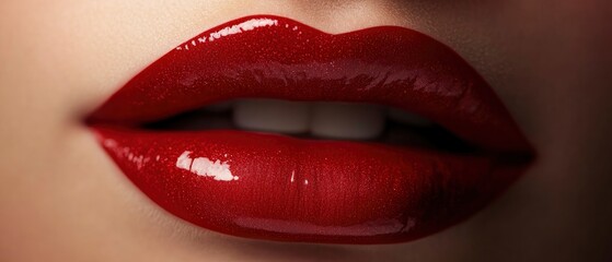 Obraz premium An ultra-close-up shot of perfectly shaped, plump, and soft lips, painted with a rich, glossy red lipstick