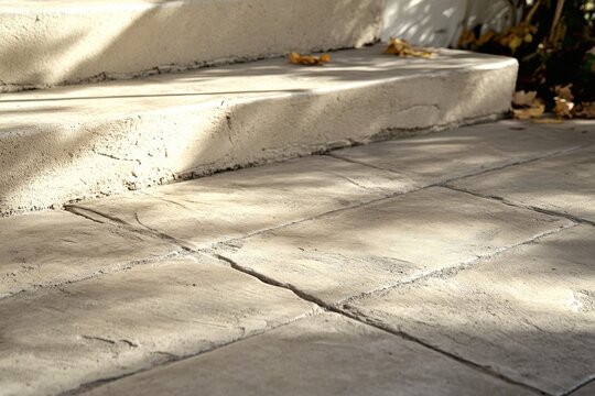 Exterior concrete steps and paving stones with sunlight.