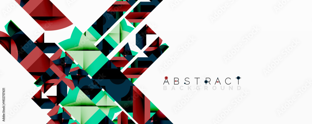 Poster Geometric shapes overlap, creating dynamic abstract composition. Colors include red, teal, navy, white. Modern design element.