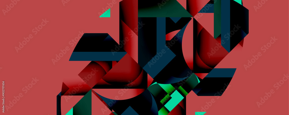 Poster Abstract geometric composition. Dark shapes contrast with red background. Minimalist design, sharp angles, modern aesthetic.