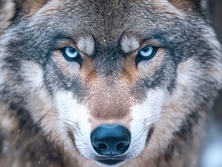 Fototapeta premium An ultra-detailed close-up macro shot of a grey wolf's face, capturing the sharp intensity of its ice-blue eyes