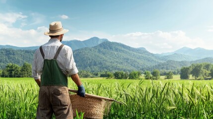 Worker in a wheat field, harvesting crops with traditional tools, hard work.
