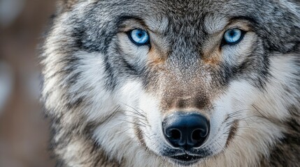Fototapeta premium An ultra-detailed close-up macro shot of a grey wolf's face, capturing the sharp intensity of its ice-blue eyes