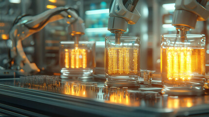 A futuristic scene featuring robotic arms interacting with glowing glass containers in a high-tech environment.