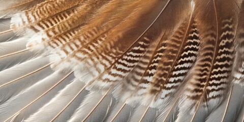An ultra-detailed close-up of a hawks feather, showcasing the subtle mix of brown, grey, and white hues
