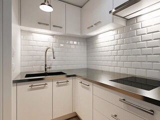 Modern Kitchen Sink and White Cabinets with Subway Tile Backsplash