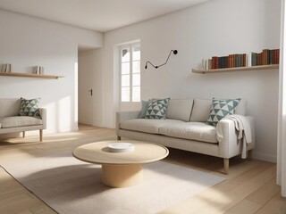 Modern living room interior with beige sofa, round table and light wood floors.