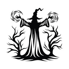 Blackclad Wizard Casting Spell with Starburst Magic Wand, Monochrome