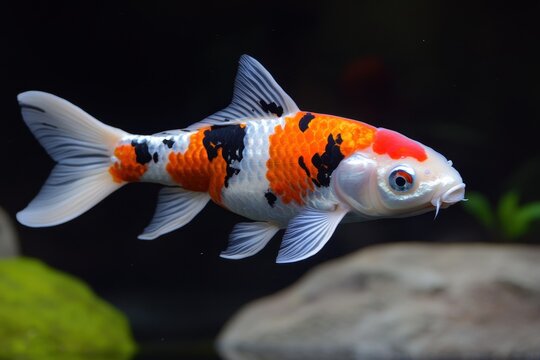 Orange, black, white koi fish swims in the dark aquarium water. Perfect for pet store ads, hobby blogs, or desktop wallpaper.