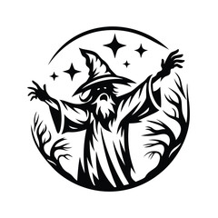 Isolated Wizard Silhouette Wielding Torch & Sparking Wand in Black and White Style