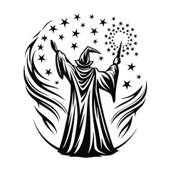 Wizard Silhouette Holding Fire, Staff with Sunburst, Fantasy, Black and White Design