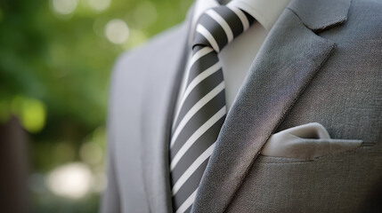 Gray Suit with Black and White Striped Tie