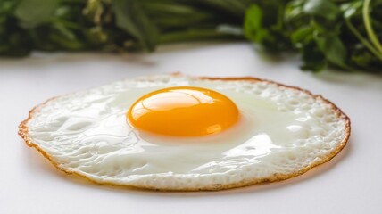 The image showcases a perfectly cooked sunny-side-up fried egg with a bright yellow yolk and crispy edges, arranged on a clean white background.