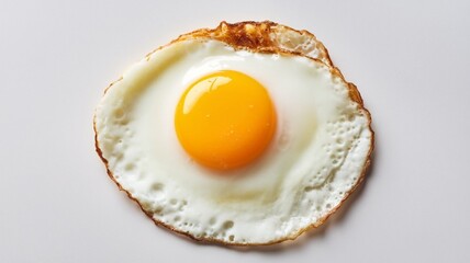 The image showcases a perfectly cooked sunny-side-up fried egg with a bright yellow yolk and crispy edges, arranged on a clean white background.
