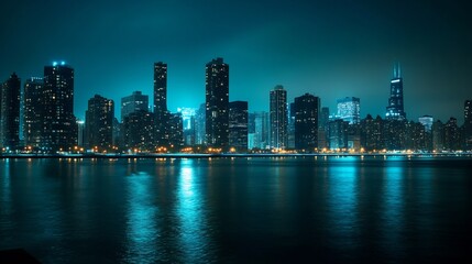 Naklejka premium Night City Skyline: Teal-Lit Towers and Serene Waterscape