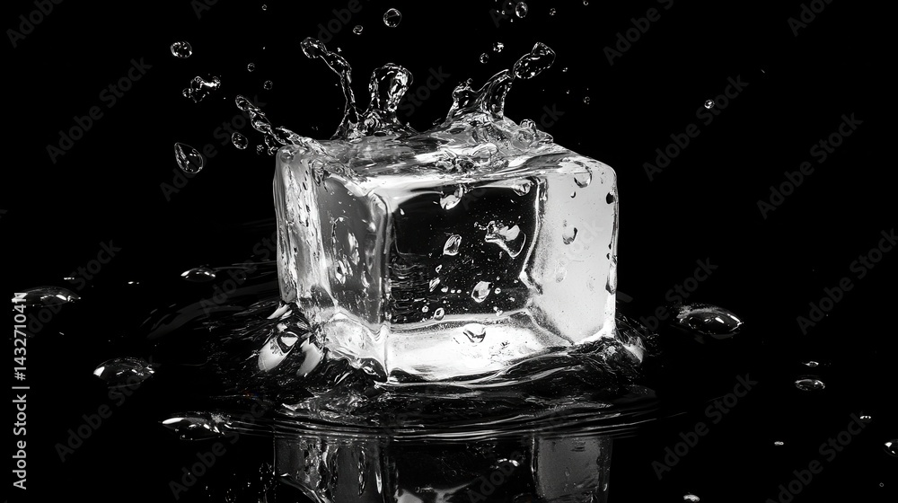 Poster a single ice cube is splashing on a reflective black surface. ideal for beverage ads, or concepts of