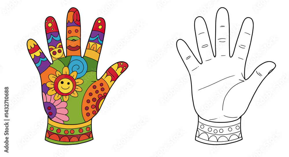 Poster intricate hand art and outline: a vibrant artwork of a hand adorned with colorful patterns and symbo