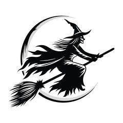 Silhouette Witch Flying on Broomstick in Front of the Moon Black and White Style