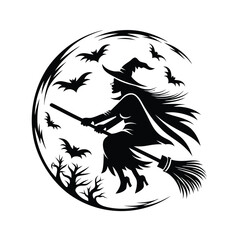 Silhouette Witch Flying on Broom with Bats Against Full Moon, Halloween Spooky Concept