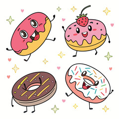 cute funny variety doughnut characters set collection