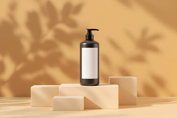 Elegant Black Shampoo Bottle Mockup with Botanical Shadows