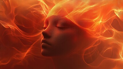 Fiery Abstract Portrait of a Woman Enveloped in Burning Embers and Glowing Orange Hues, Digital Art, Surrealism