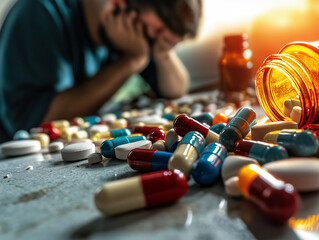 Depressed man at the table covered with pills and various tablets capsules. A vast assortment of medicines in various colors, shapes, and sizes scattered. Man hunched over with his head in his hands. 