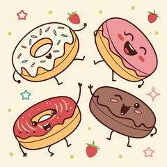 cute funny variety doughnut characters set collection