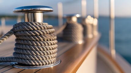 Obraz premium Close-up of polished boat cleats and rope on a yacht deck with ocean view in the background