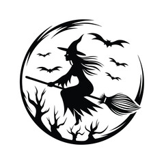 Silhouette of Witch Flying on Broomstick with Bats, Trees, and Moon Circle Design
