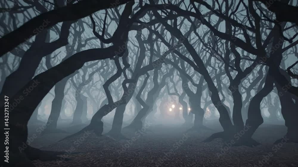 Poster explore a mysterious forest shrouded in fog with twisted trees and distant glowing lights at dusk ge