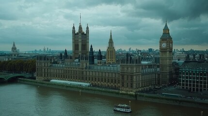 Naklejka premium Big Ben and Houses of Parliament beside the River Thames, London cityscape, cloudy sky 