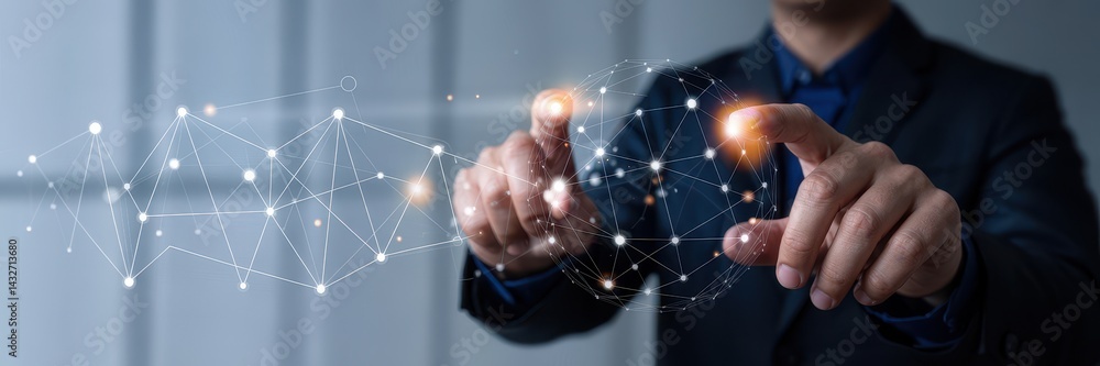 Poster interactive digital network design displayed by hands.