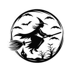 Silhouette Witch Flying on Broomstick with Bats, Castle, Trees in Circle Icon