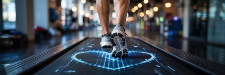 Fototapeta premium Person walking on a futuristic treadmill with heart display.
