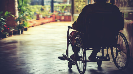 person in wheelchair sits quietly in hallway, surrounded by plants, reflecting moment of solitude and contemplation