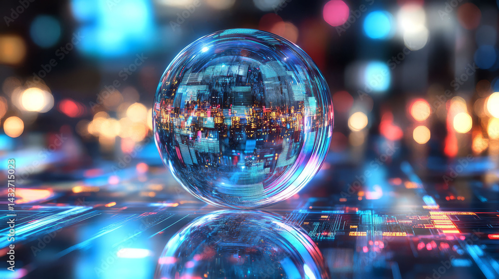 Poster compact digital sphere reflecting vibrant cityscape with colorful lights, creating futuristic atmosp