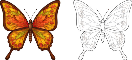Fototapeta premium Butterfly Coloring Page: A beautifully illustrated butterfly with vibrant orange and yellow wings, perfect for coloring and creative expression.