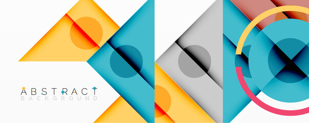 Geometric shapes overlap creating vibrant modern design. Yellow, blue, gray hues dominate composition. Minimalist aesthetic.