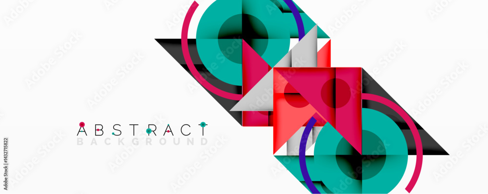 Poster modern geometric design. vibrant shapes overlap, creating dynamic visual effect. teal, pink, black d