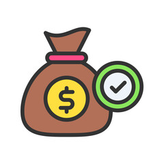 Cash Bag Approved icon vector image. Suitable for mobile apps, web apps and print media.