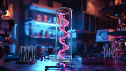 A complex double helix DNA strand suspended inside a test tube in a frozen state within a high tech laboratory, Preserving the DNA for research with neon light - Powered by Adobe