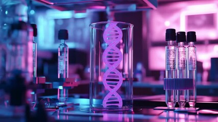 A complex double helix DNA strand suspended inside a test tube in a frozen state within a high tech laboratory, Preserving the DNA for research with neon light - Powered by Adobe