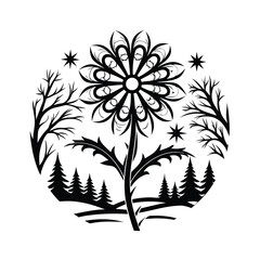 Black & White Flower with Star, Trees & Forest Element Nature Art