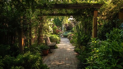 Serene Garden Path: Lush Greenery, Wooden Bench, and Sunlit Brick Walkway