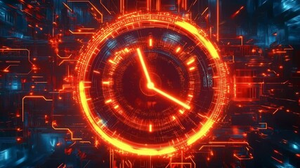An abstract digital clock set against a background of neon lights and circuit board patterns, merging timekeeping with the aesthetics of technology	 - Powered by Adobe