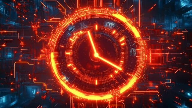An abstract digital clock set against a background of neon lights and circuit board patterns, merging timekeeping with the aesthetics of technology	 - Powered by Adobe
