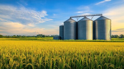 Silos stand guard over a golden rice paddy