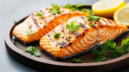 Grilled salmon fillets garnished with parsley and lemon slices, served on a wooden platter, showcasing a delicious and healthy meal option.